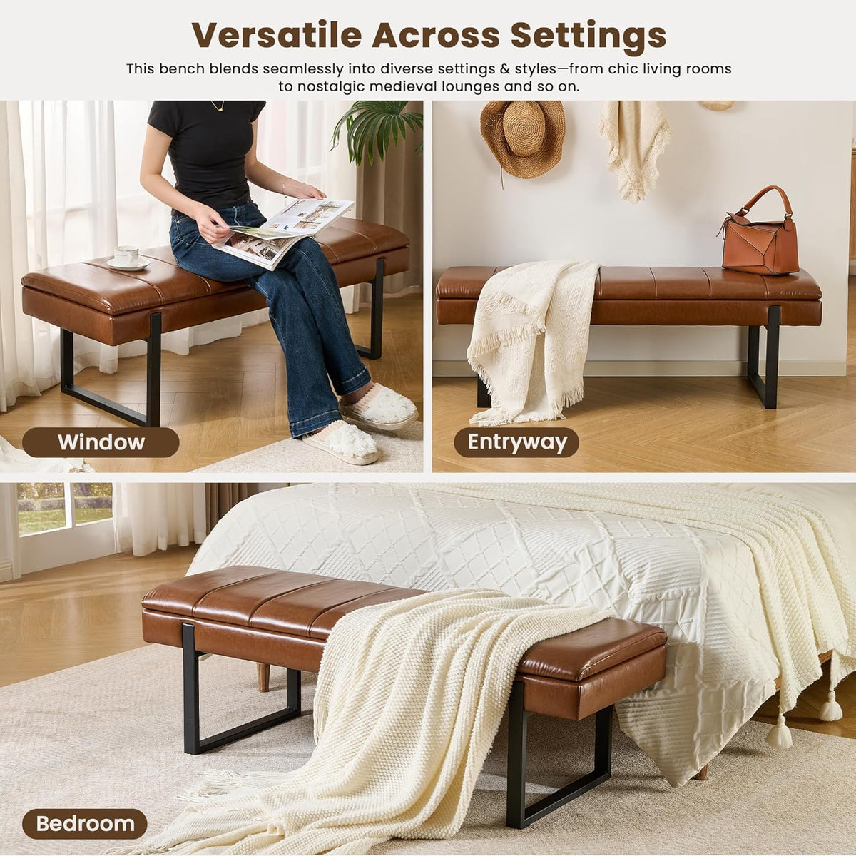 Breakfast Nook Bench with Hidden Storage, Premium Faux Leather Cushion & Metal Base, 53 Inch Extra Seating for Dining Room/Living Room, Entryway