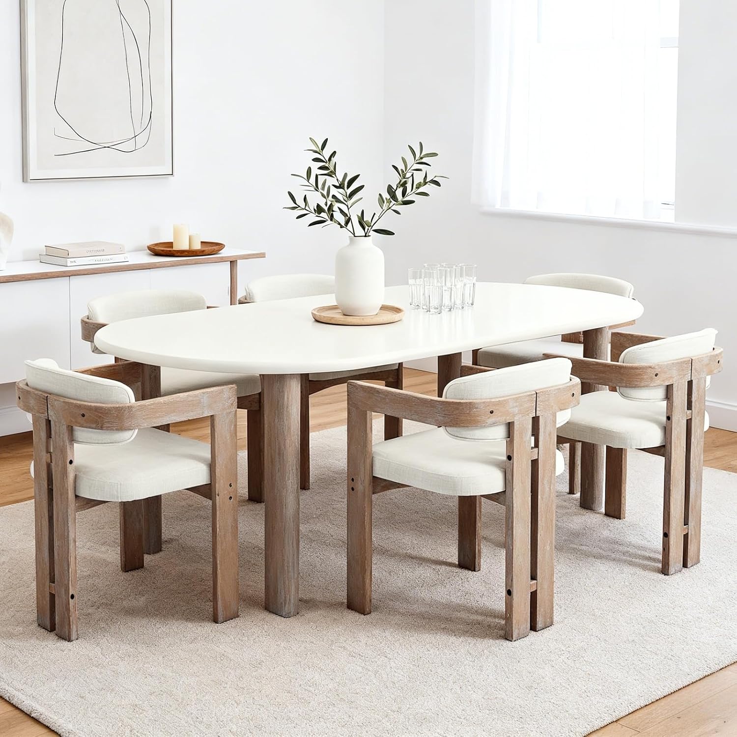 chairus Modern Barrel Dining Chairs Set of 4, Linen Upholstered Dining Room Chairs with Arm & Curved Back, Farmhouse White Washed Natural Wooden Side Kitchen Chairs, Beige Fabric