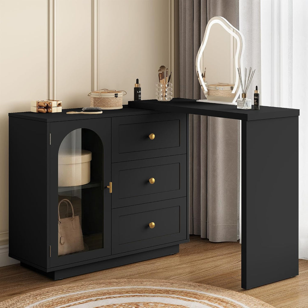 RoyalCraft 59" Makeup Vanity Desk, Black Vanity Dresser for Girls and Women | Modern Dressing Table with 3 Drawers & 1 Door, Vanity for Bedroom, L Sharped Corner Table No Mirror