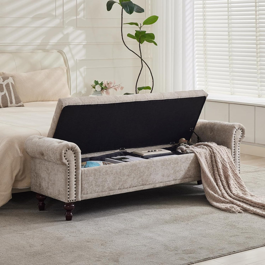 SOFTHION Storage Bench for Bedroom, 67" End of Bed Bench King Size, Upholstered Chenille Storage Ottoman with Tufted Cushioned Rolled Arm Large Storage Space for Living Room Entryway, Light Brown