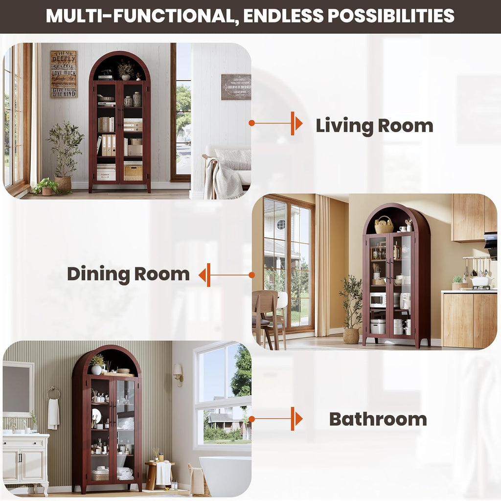 IDEALHOUSE Arched Kitchen Pantry Storage Cabinet - Farmhouse 5-Tier Display Shelf with 2 Glass Doors and Adjustable Shelves, Versatile Cupboard for Kitchen, Dining Room, Living Room, Walnut