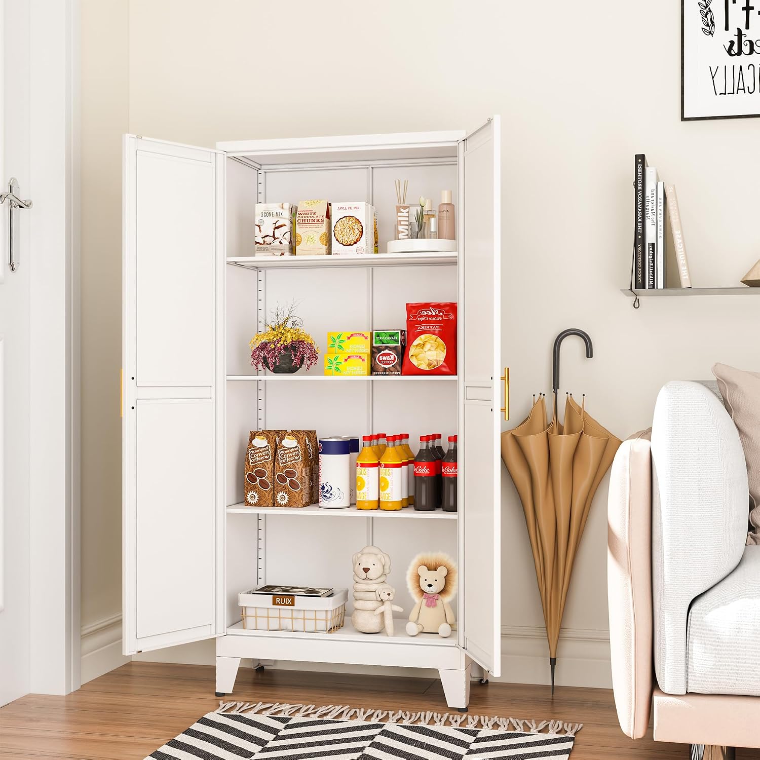 erosoei Metal Pantry Storage Cabinet, Kitchen Storage Cabinets with Adjustable Feet and Shelves, Metal Pantry Cabinet for Kitchen, Living Room, Laundry Room and Dinning Room (2door-White)
