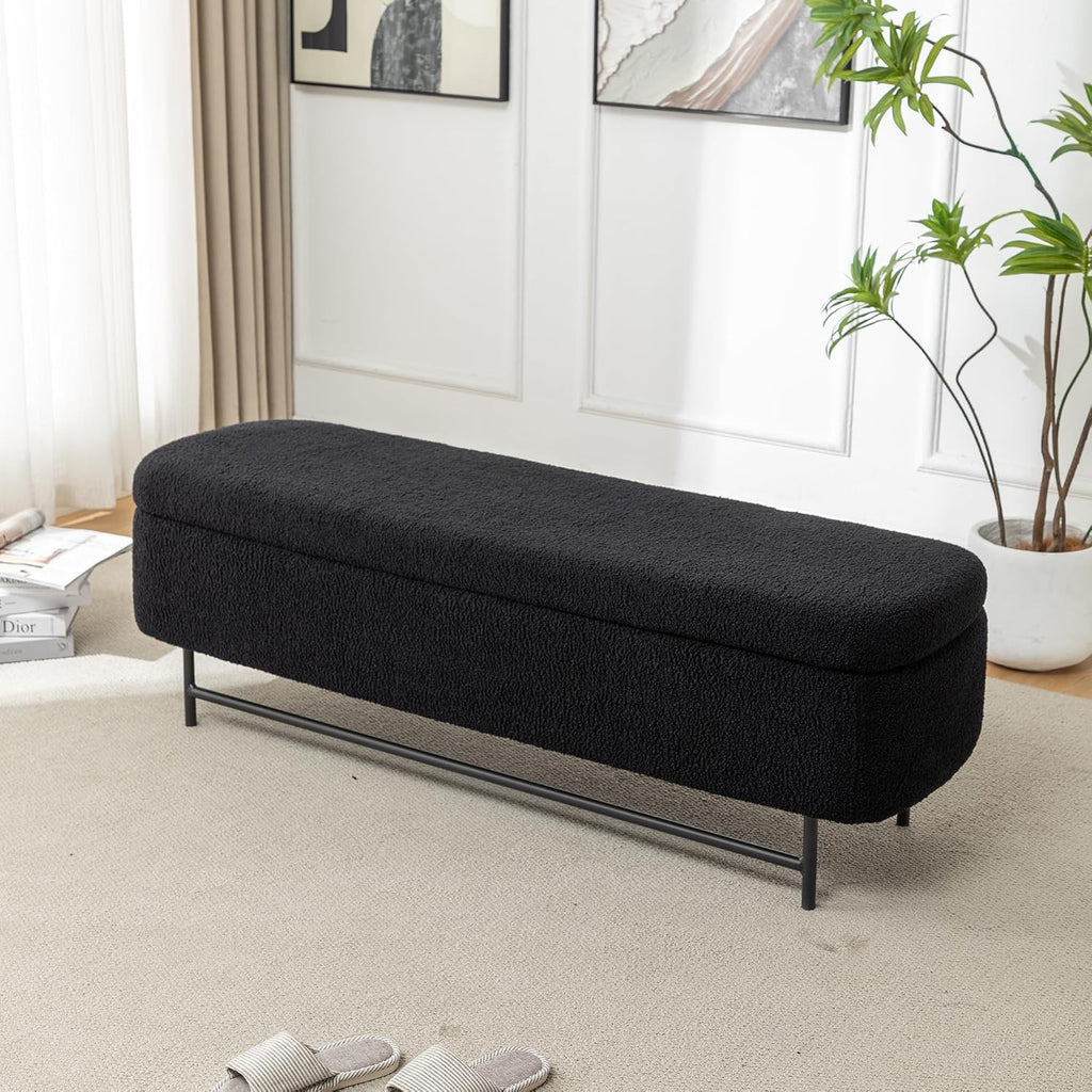 56" Boucle Storage Bench for Bedroom, Upholstered Teddy Ottoman Bench, Modern Extra Long Storage Bench for End of Bed/Entryway/Livingroom/Window (Black)