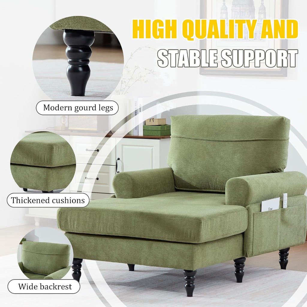 Eafurn 38" Modern Chaise Lounge Recliner Daybed Indoor, Comfy Chenille Upholstered Single Sofa Bed with Wodden Legs and Side Pockets, Deep Seat Sleeper Armchairs Couch for Living Room