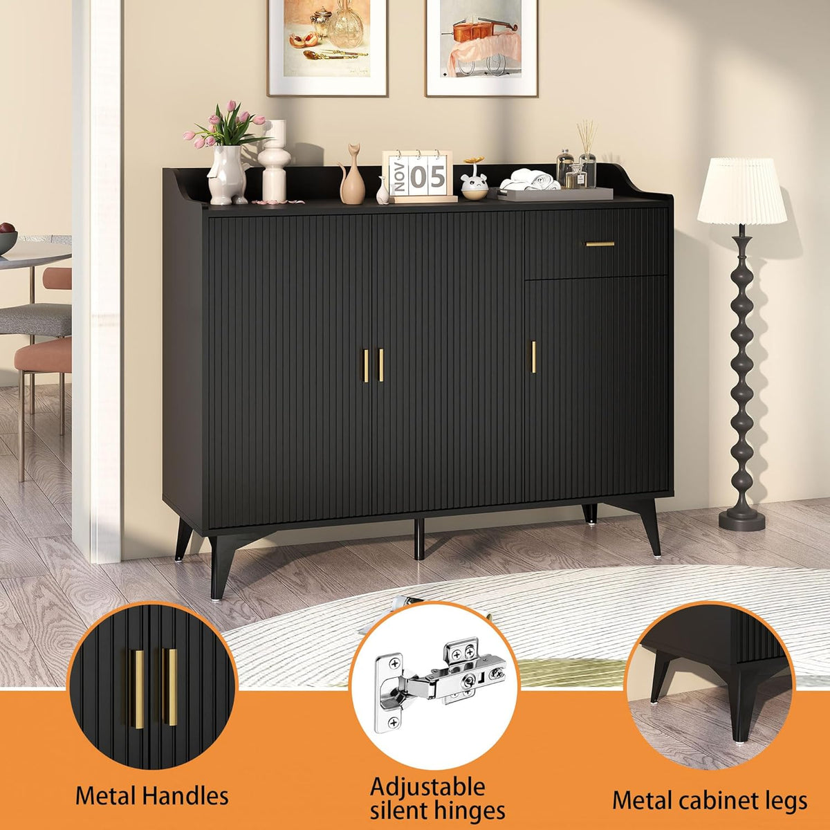 Sideboard Buffet Cabinet with Drawers: 47" Black Fluted Sideboard Cabinet with Storage, Modern Kitchen Cabinets Storage, Credenzas for Living Room (47")