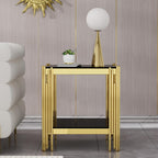 Luxury Gold Glass End Table,Sqaure Sofa Side Table with Shiny Geometric Stainless Steel Base,Black Glass Accent End Table Bedside Table Nightstand for Living Room Bedroom Office