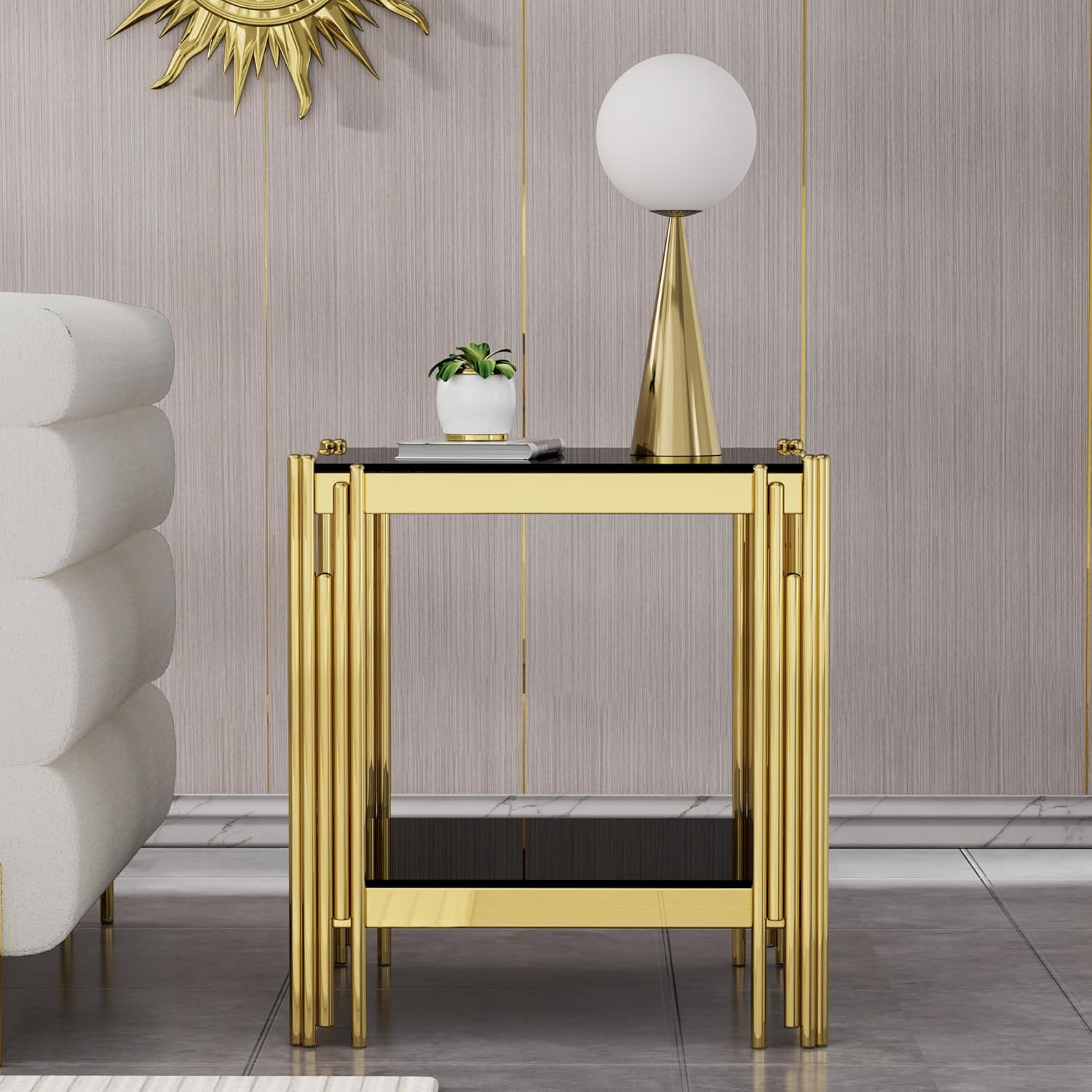 Luxury Gold Glass End Table,Sqaure Sofa Side Table with Shiny Geometric Stainless Steel Base,Black Glass Accent End Table Bedside Table Nightstand for Living Room Bedroom Office