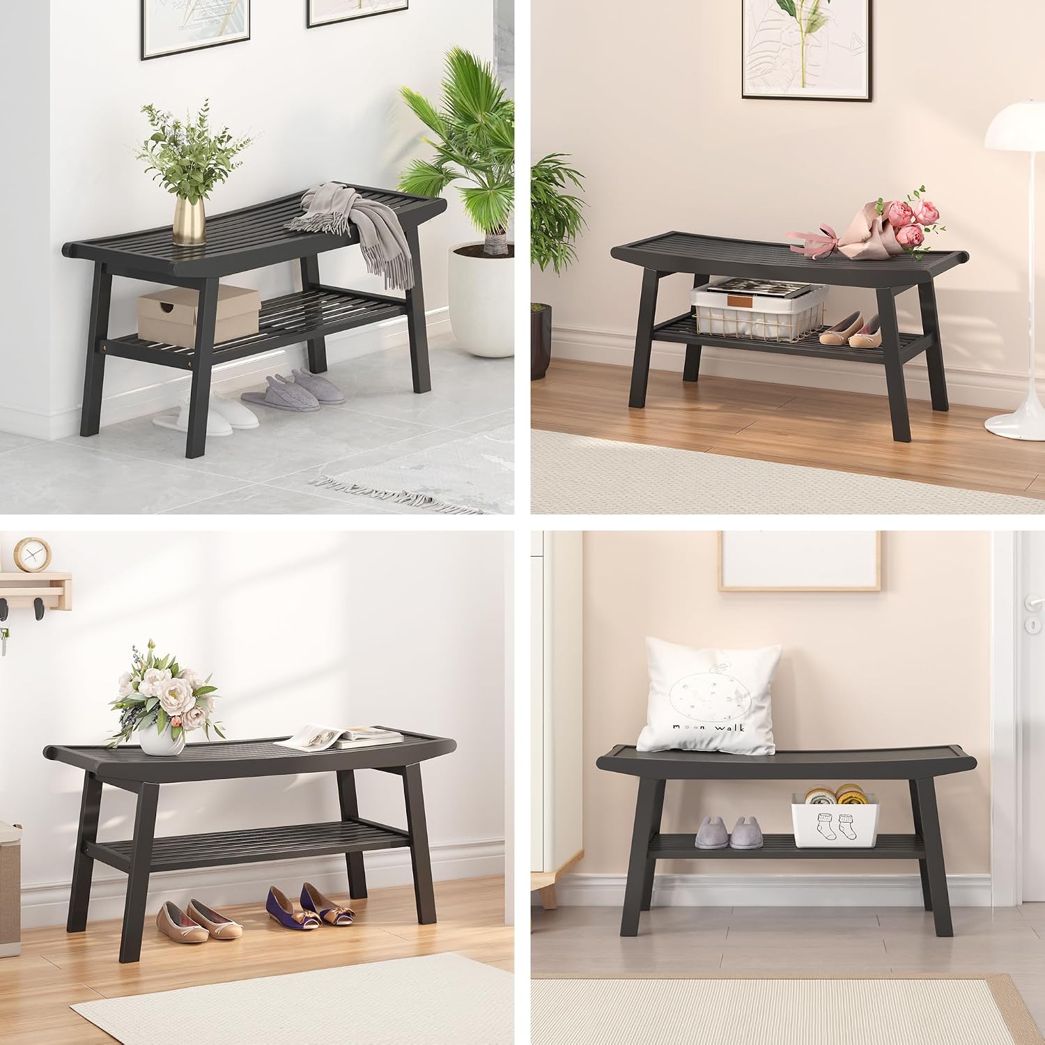 Bamboo Dining Bench Indoor Long Bench Sturdy & Comfortable Indoor Storage Bench Durable Slat Woven Design Modern Entryway Seating for Hallway (Black, 2 Tiers)
