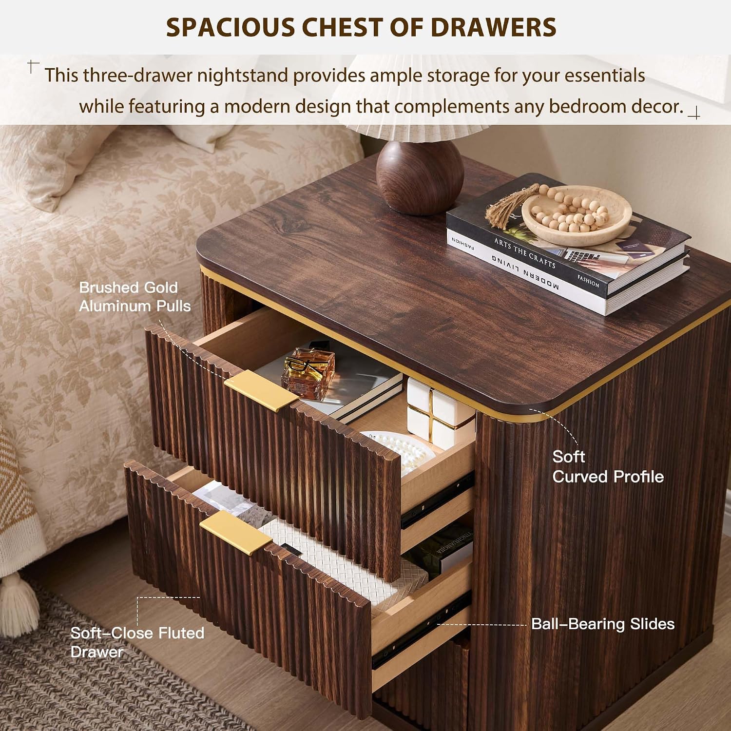 T4TREAM 24" Large Mid Century Modern Fluted Nightstand with 3 Drawers, End Table, Bedside Table for Bedroom, Living Room (Dark Walnut)