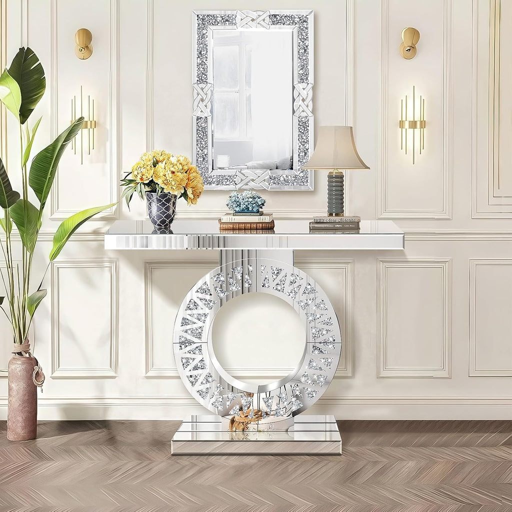 Modern Mirrored Entryway Console Tables with Crushed Diamond Inlay, 39.4" Long Silver Hallway Table for Entryway, O-Shaped Base Luxury Glass Foyer Table for Home Decor
