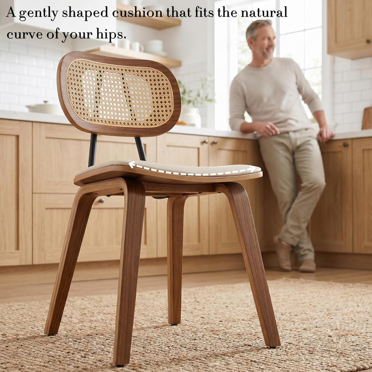CIMOTA Mid Century Modern Dining Chairs Set of 4, Rattan Back Kitchen Chairs with Solid Wood Frame, Upholstered Faux Leather Seat, Armless Cane Dining Room Chair for Kitchen, Farmhouse, PU Beige