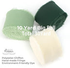 Ribbli Green Chiffon Ribbon1.5 inch x 30 Yard Handmade Silk Ribbon for Wrapping,Ivory Sage Forest Green Fringe Chiffon Ribbon for Wedding Invitations, Bridal Bouquets, Flower Arrangement Decoration