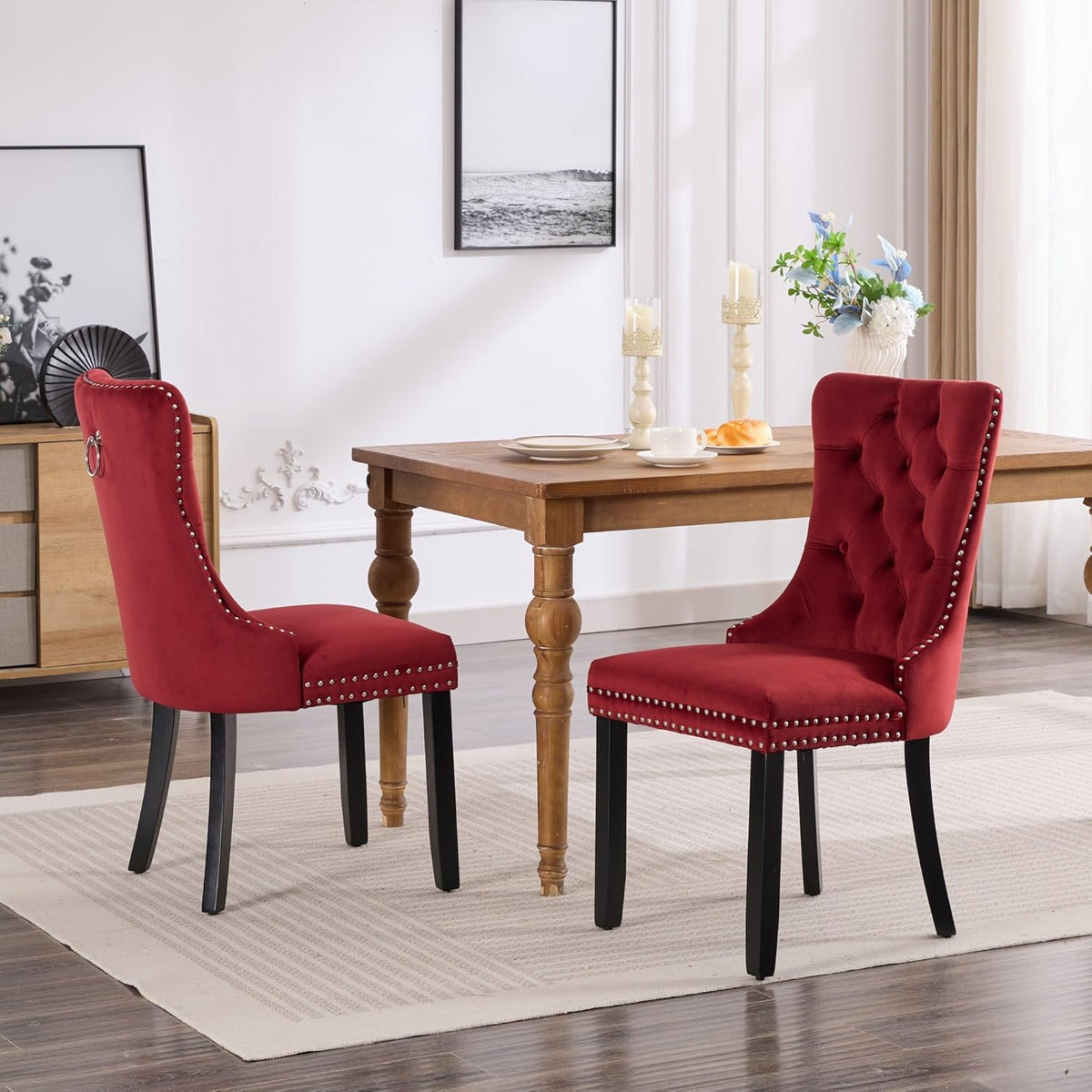 KEIKI Tufted Dining Room Chairs Set of 2, Velvet Kitchen Nailhead Trim Chairs with Solid Wood Legs and Padded Seat, Burgundy