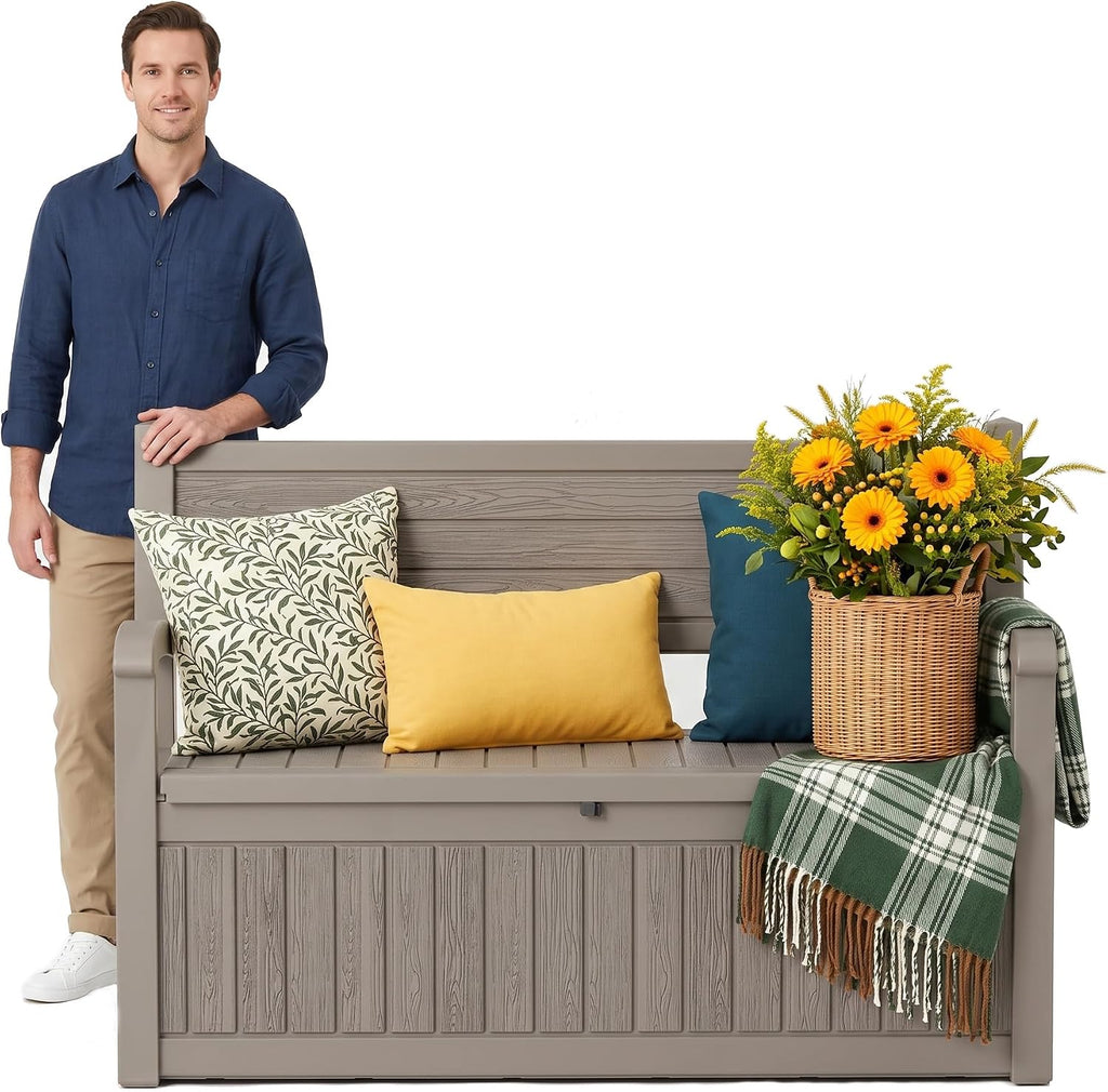 Outdoor Bench with Storage, Waterproof Garden Storage Bench, 100 Gallon Lockable Resin Deck Box, Weatherproof Bench Seating for Patio Yard Cushions Tools, Grey