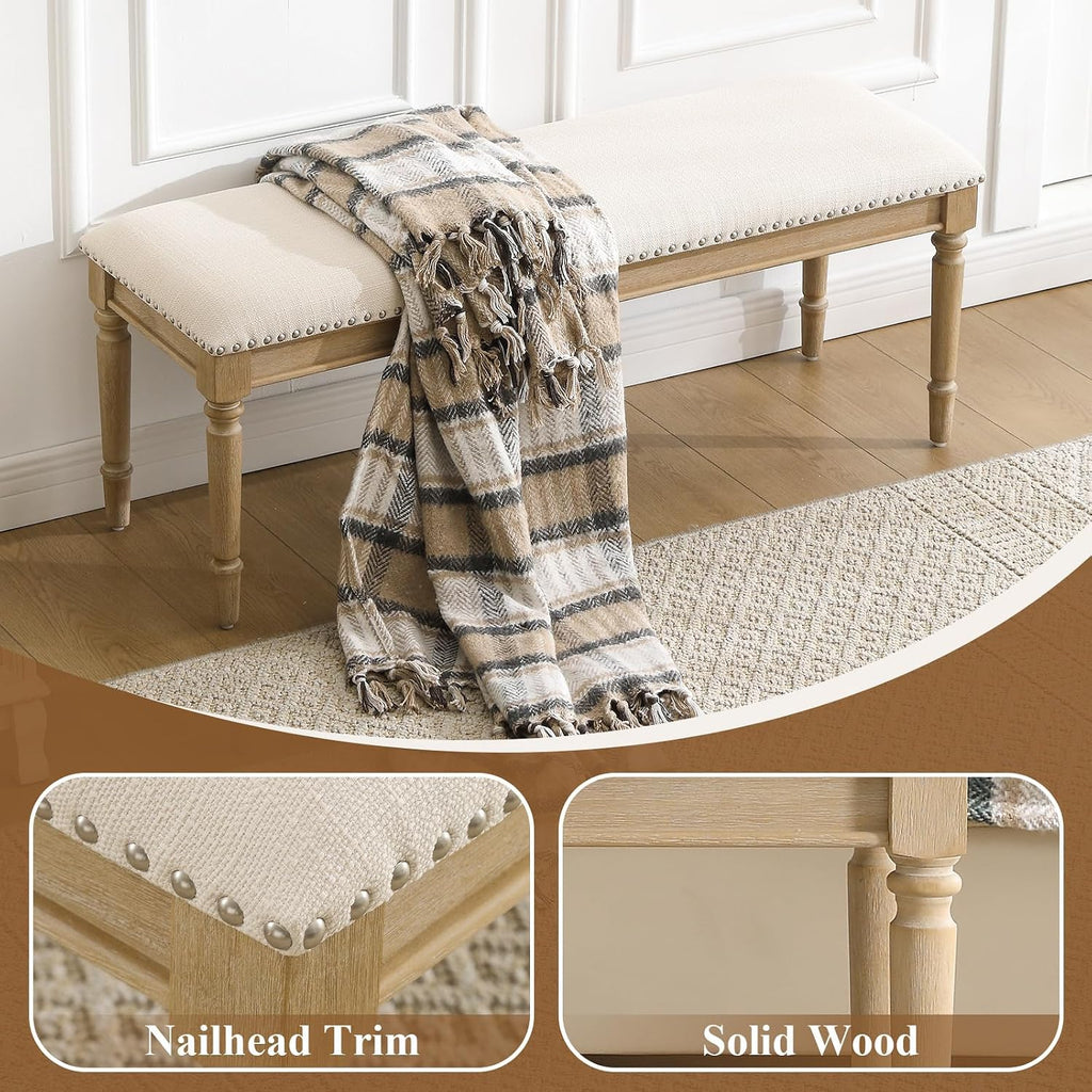 46'' French Country Entryway Bench Wooden Linen Fabric Upholstered Seat Dinng Bench with Nailhead Trim for Hallway End of Bed, Beige