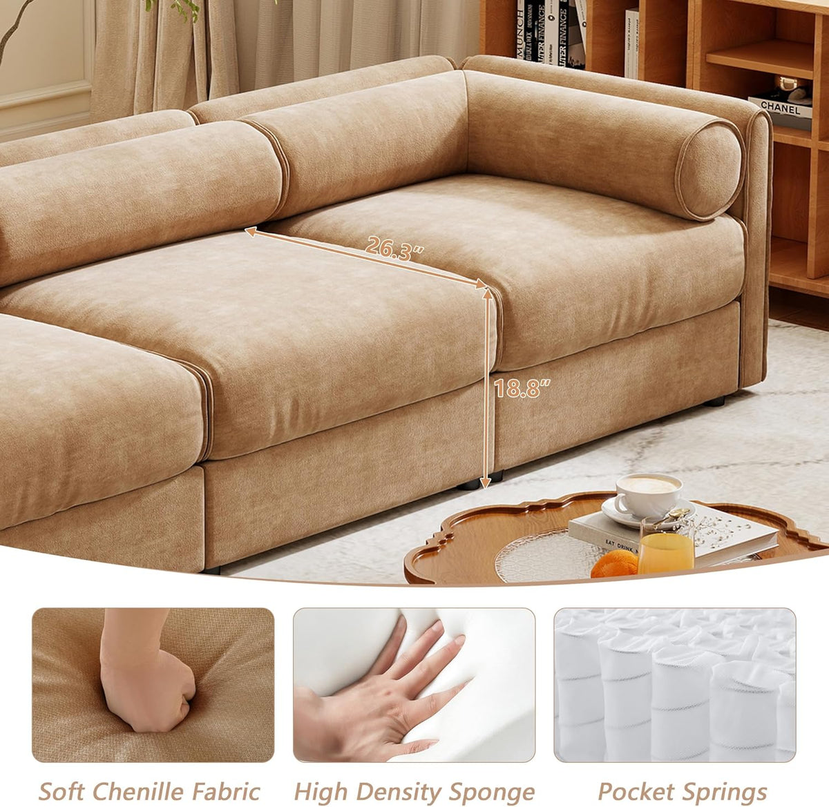 Oversized Modular Sectional Sofa with Storage Seat, 75.5" Chenille Lovseat Sofa with Cylindrical Backrest & Armrest, Modern Comfy 2-Seat Sofa Upholstered Deep Seat Couch for Living Room, Camel