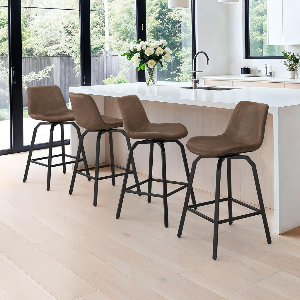 LUE BONA 360° Swivel Bar Stools Set of 3, 26 Inch Counter Height Bar Stools, Modern Faux Leather Stools with Enlarged Seats, Metal Legs for Kitchen Island, Dining, Vintage Brown