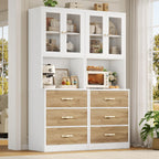 Keyluv 71“ Tall Kitchen Pantry Storage Cabinet with Microwave Stand, Buffet Kitchen Hutch with Shelves and Drawers, Wood Coffee Bar Pantry Cabinet with Glass Doors, for Dining Room/Small Space, Khaki