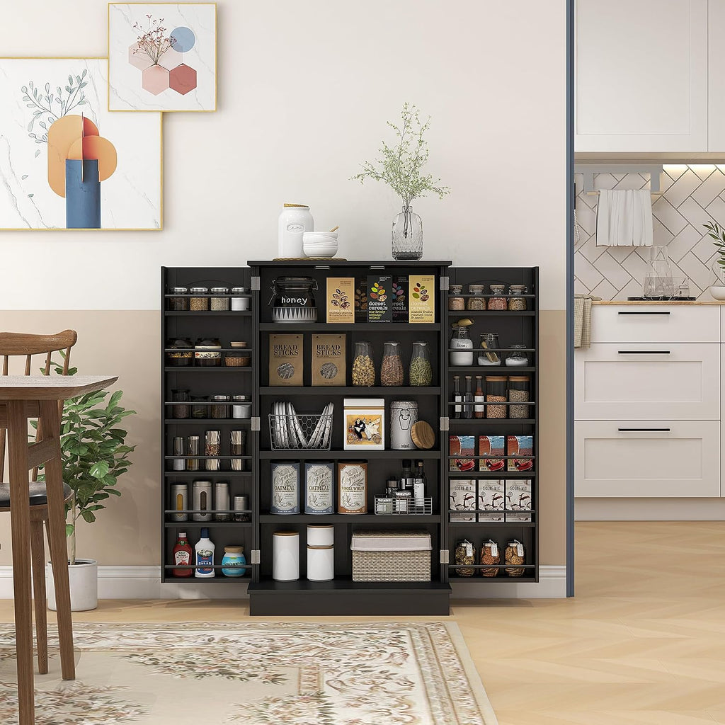 41" Black Kitchen Pantry Cabinet - Extra Storage, Double Doors, Adjustable Shelves