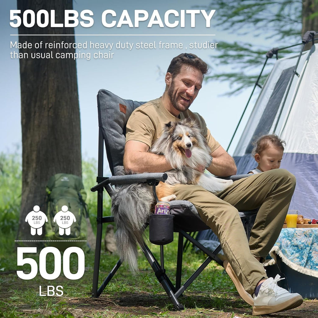 EVER ADVANCED Padded Oversized Folding Camping Chair for Adults, Heavy Duty Lawn Chair with Side Pockets, Portable Collapsible Quad Chair for Outside, Support Up to 500lbs, Grey 2Pack