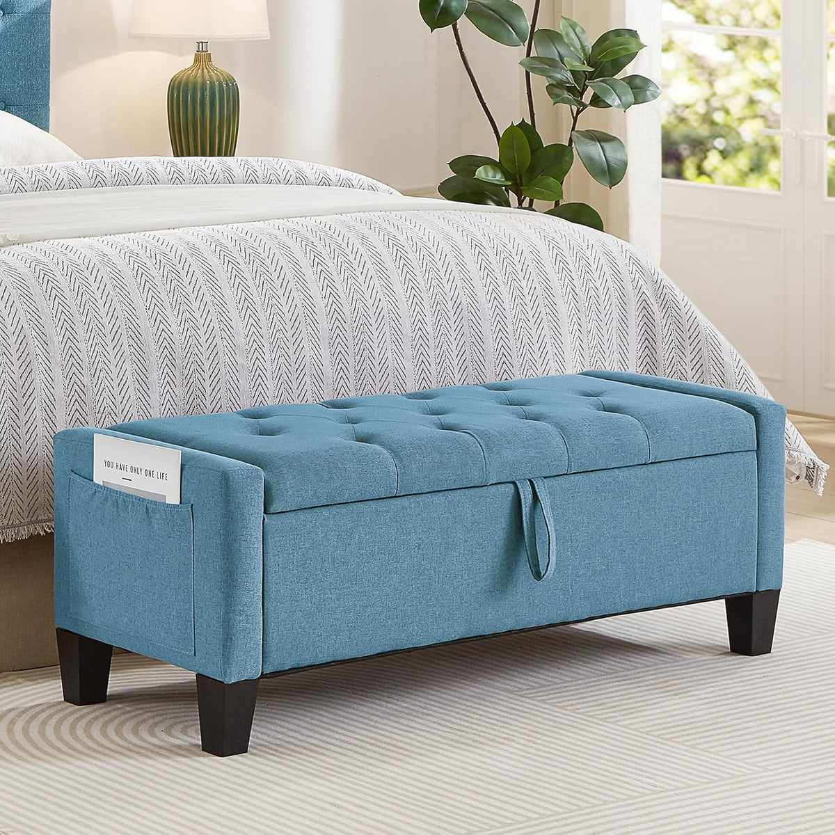 Modern Storage Ottoman Bench, Linen Upholstered End of Bed Bench with Tufted Design, Mid-Century Entryway Bench with Pull Ring, Padded Window Bench for Entryway，Bedroom (Blue+Line)