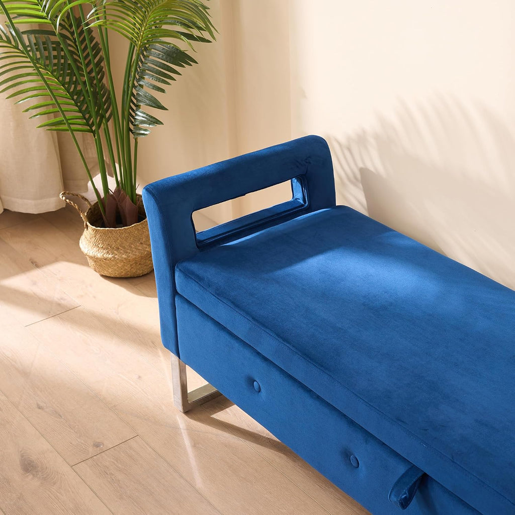 GDFStudio Velvet Storage Bench with Hidden Compartment - Upholstered Ottoman for Entryway, Bedroom, Living Room - Soft Foam Cushion, Sturdy Silver Metal Legs, Easy Assembly - Navy Storage Seat
