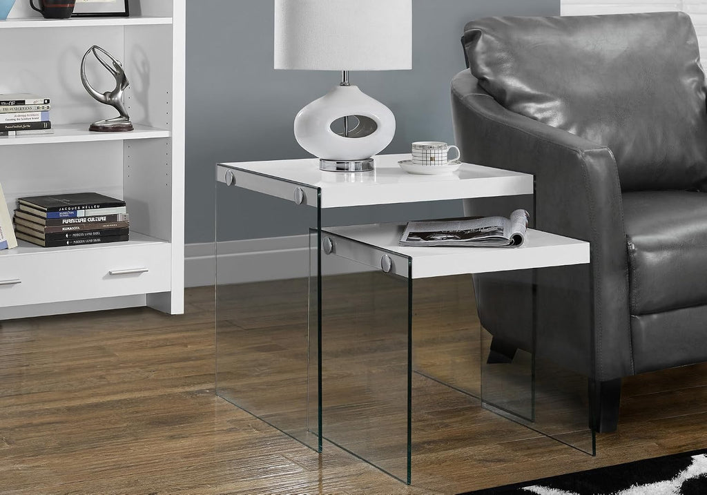 Set of 2 Nesting Tables, Glossy White Laminate with Clear Tempered | Two-piece nesting tables with thick tempered glass base and glossy white tops