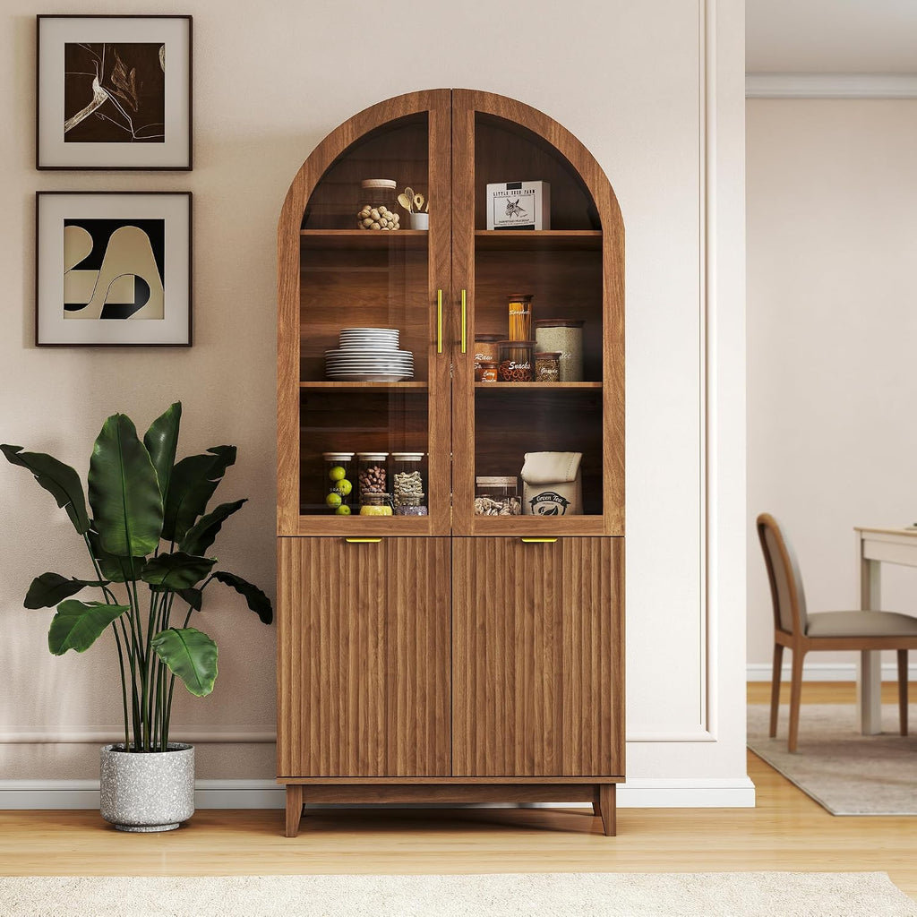 Pamapic 71" Tall Arched Cabinet, Fluted Kitchen Pantry with Glass Doors & Adjustable Shelves, Arch Storage Cabinet, Wooden Pantry for Dining Room, Living Room (Walnut)