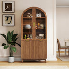 Pamapic 71" Tall Arched Cabinet, Fluted Kitchen Pantry with Glass Doors & Adjustable Shelves, Arch Storage Cabinet, Wooden Pantry for Dining Room, Living Room (Walnut)
