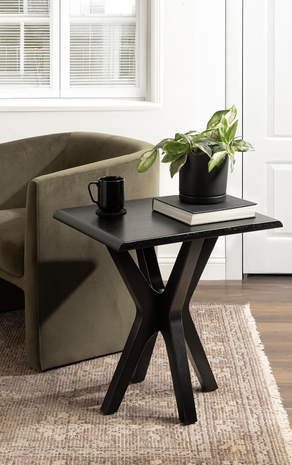 Kate and Laurel Yates Mid-Century Modern Wooden Rectangle Side Table, 22 x 18 x 25, Black, Transitional Rectangular End Table with Geometric X-Design for Use as Bedroom Black Night Stand