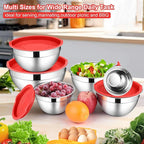 LIANYU 6 Pack Stainless Steel Mixing Bowls with Airtight Lids, Large Metal Nesting Salad Bowls, Ideal for Kitchen Prepping, Baking, Freezer Storage, Size 7, 3.5, 2.5, 2, 1.5, 1QT, Dishwasher Safe, Red