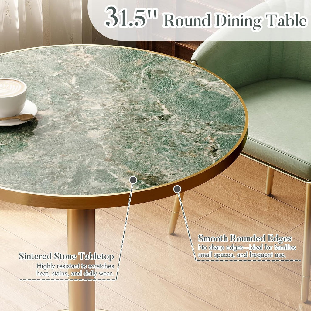 31.5'' Tulip Table, Round Pedestal Dining Table with Sintered Stone Tabletop, Golden Edge & Base, Bistro Table for 2-4 Person for Dining Room/Cafe/Small Spaces/Restaurant (Rainforest Green Marble)