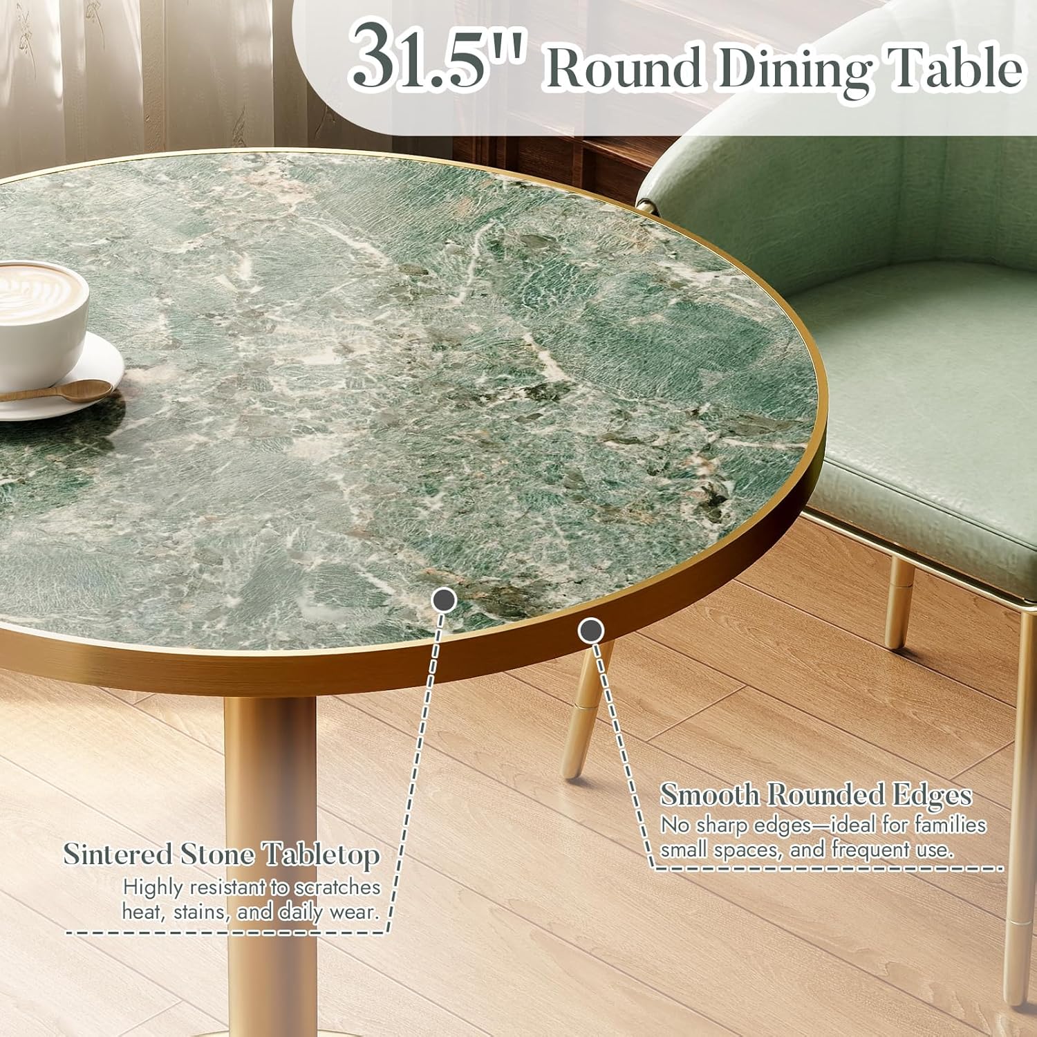 31.5'' Tulip Table, Round Pedestal Dining Table with Sintered Stone Tabletop, Golden Edge & Base, Bistro Table for 2-4 Person for Dining Room/Cafe/Small Spaces/Restaurant (Rainforest Green Marble)