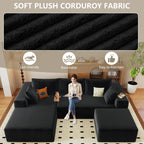 96" Cloud Sectional Couch with U-Shaped Chaise, Corduroy Sectional Sofa with Ottoman, Couch with Deep Seat in a Box for Living Room, No Assembly Required (Black, Left Facing Chaise)