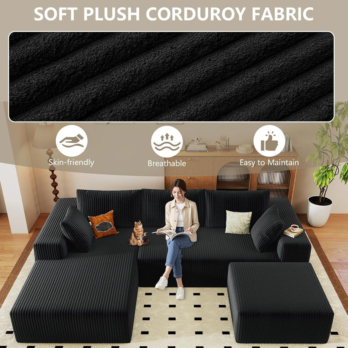 96" Cloud Sectional Couch with U-Shaped Chaise, Corduroy Sectional Sofa with Ottoman, Couch with Deep Seat in a Box for Living Room, No Assembly Required (Black, Left Facing Chaise)