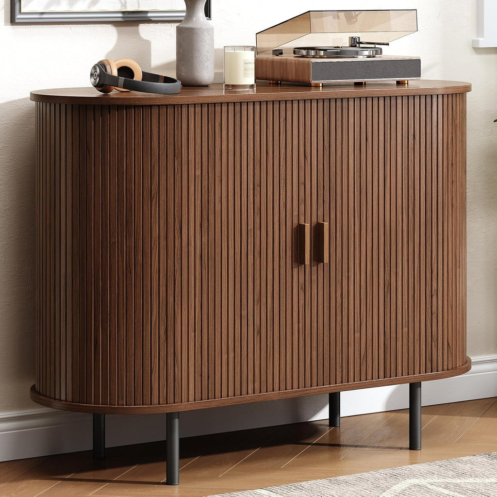Buffet Cabinet with Storage, Fluted Sideboard Buffet with Sliding Door, Coffee Bar Cabinet with Adjustable Shelf, Console Table, Accent Table for Entryway, Kitchen (Walnut, 40 Inch)