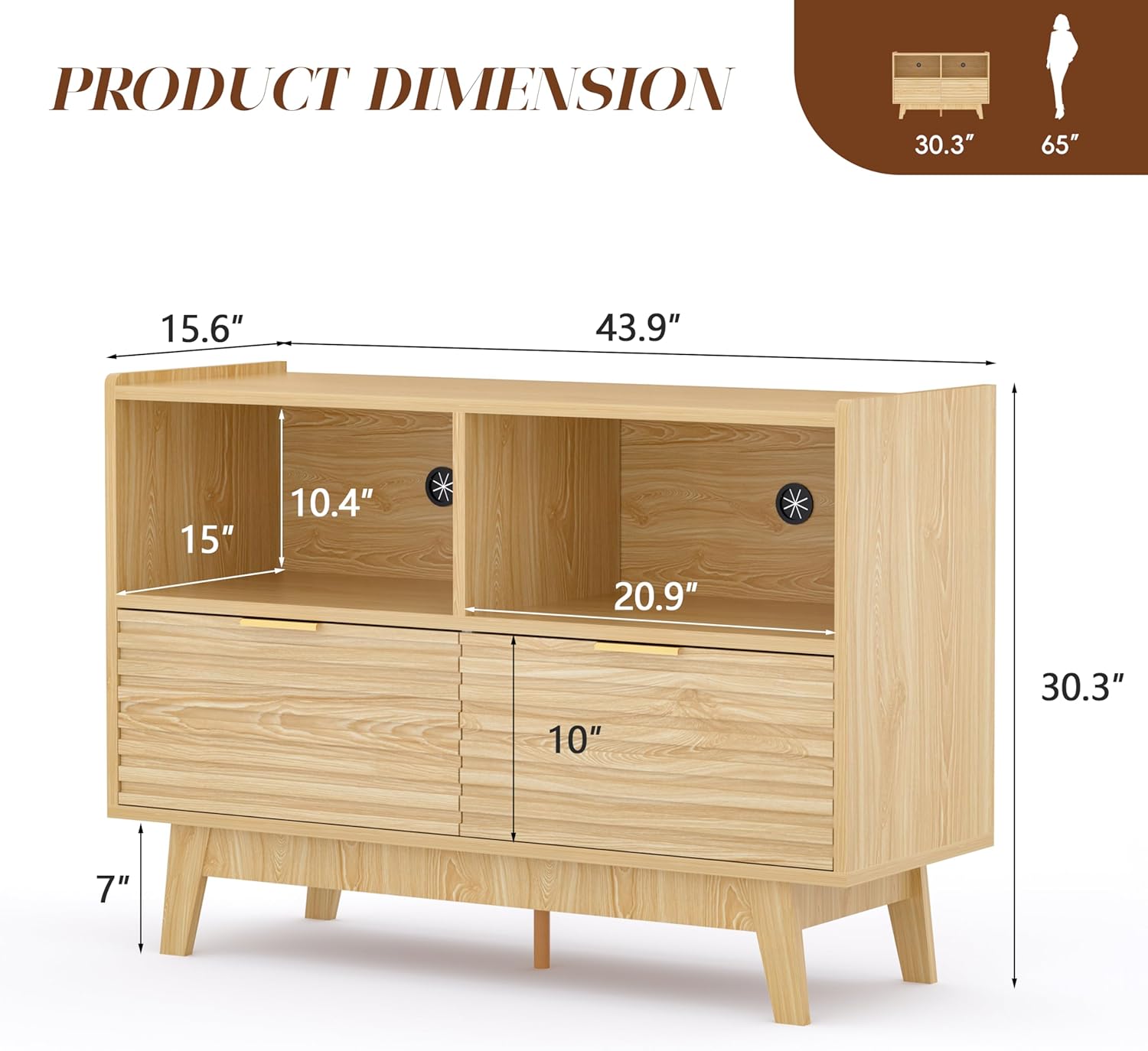 Fluted Buffet Sideboard Oak, Modern Storage Cabinet w/Cord Cutout, Accent Cabinet with Solid Wood Legs, Console Table w/Swing Doors & Open Shelves, Credenza for Living Room, Hallway, Entryway