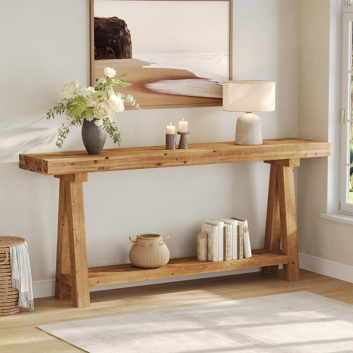 70.9-Inch Solid Wood Console Table for Entryway, Farmhouse Long Sofa Table with Shelves for Living Room, Hallway, Foyer, Easy Assembly