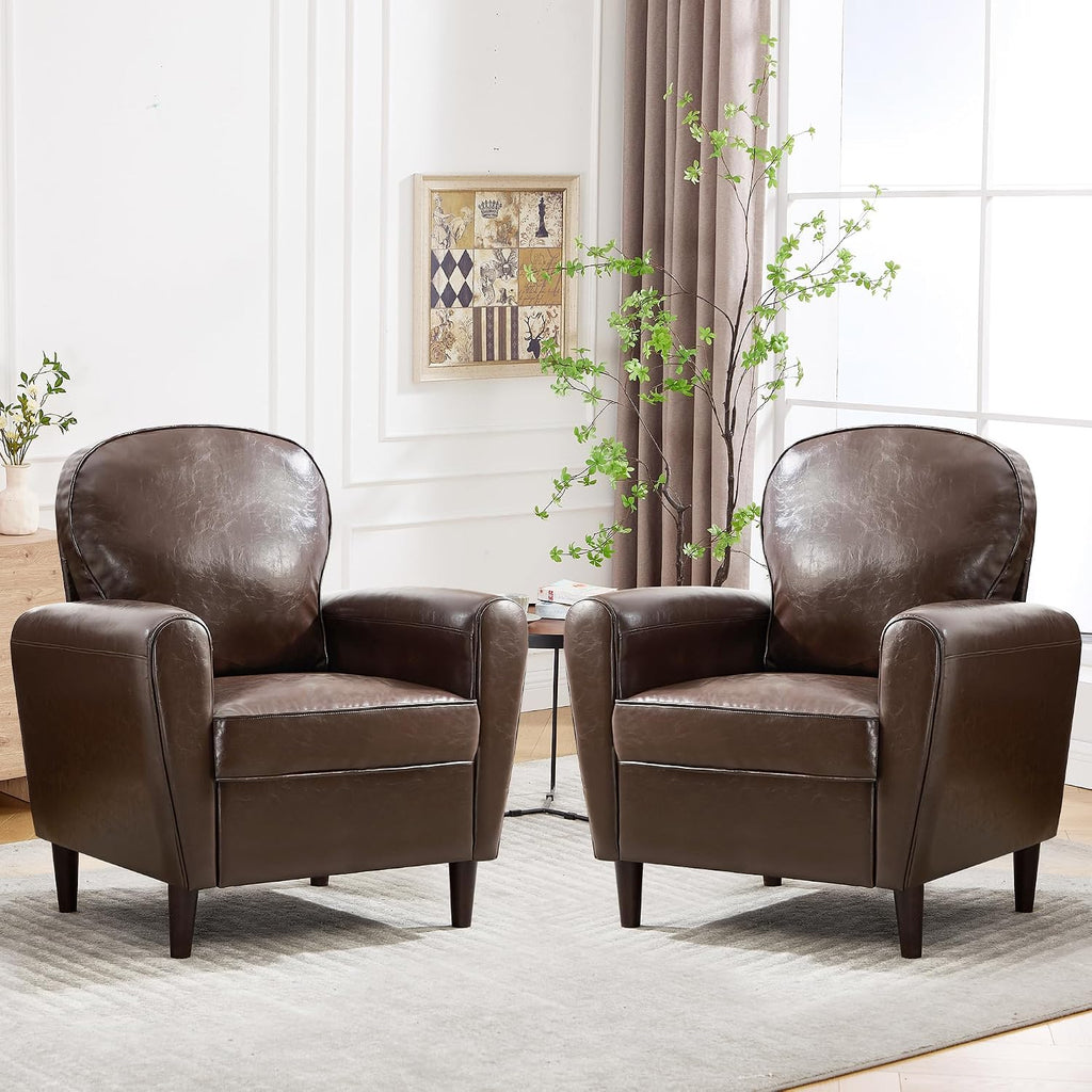 Mid Century Accent Chair, Modern Faux Leather Arm Chair, Comfy Upholstered Reading Chair Single Sofa Chairs for Living Room, Bedroom, Club, PU Coffee