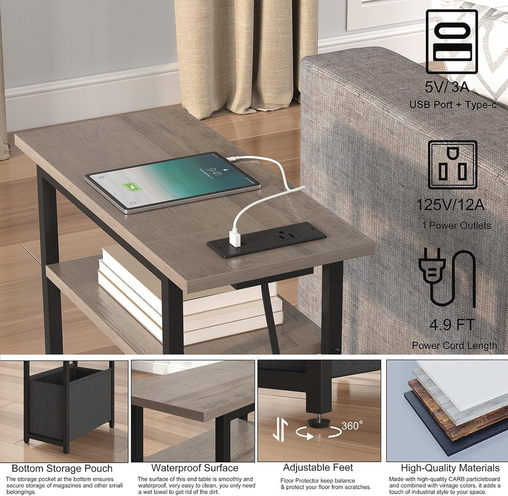 sthmec Narrow Side Table with Charging Station Set of 2, Small End Table for Small Spaces, Skinny Nightstands Set 2 with Storage Basket, 3 Tier Sofa Bedside Tables for Living Room,Bedroom, Grey