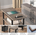 sthmec Narrow Side Table with Charging Station Set of 2, Small End Table for Small Spaces, Skinny Nightstands Set 2 with Storage Basket, 3 Tier Sofa Bedside Tables for Living Room,Bedroom, Grey