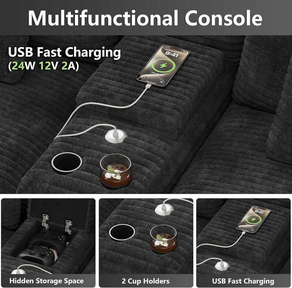 151" U Shaped Cloud Sectional Couch Modular Sofa, Comfy Oversized Couches for Living Room, Plush Corduroy Sectional Sofa Set with Ottoman Storage Console USB, Olive Dark Gray