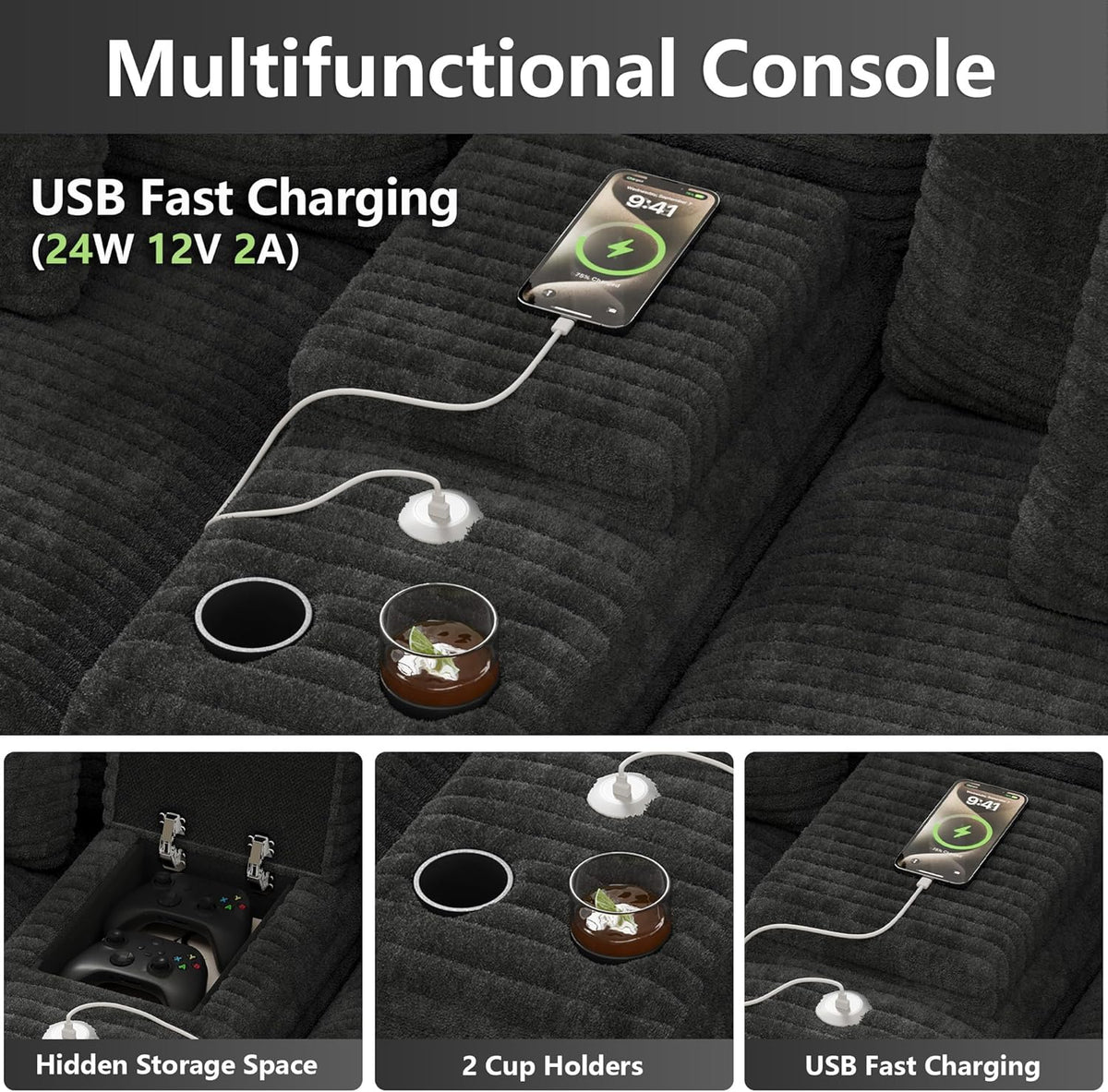 151" U Shaped Cloud Sectional Couch Modular Sofa, Comfy Oversized Couches for Living Room, Plush Corduroy Sectional Sofa Set with Ottoman Storage Console USB, Olive Dark Gray