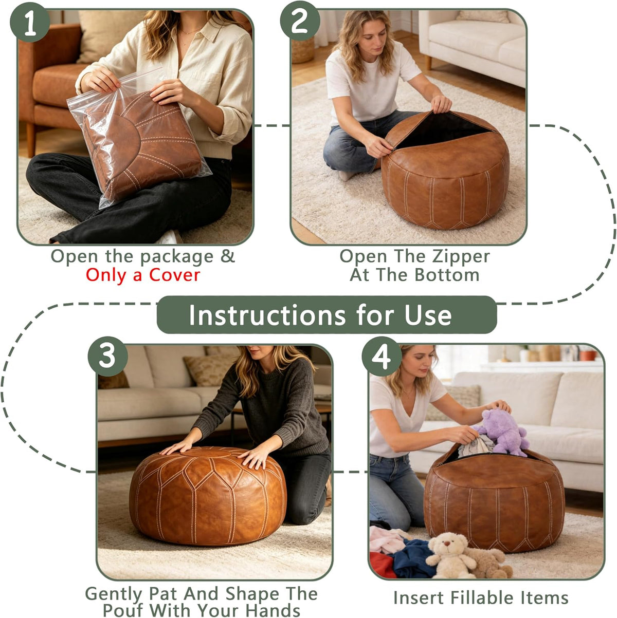 Thgonwid Round Unstuffed Pouf Cover, Faux Leather Storage Ottoman, Boho Moroccan Foot Stool, Multi-Purpose Home Decor for Living Room, Bedroom and Balcony, Brown, No Filling Included