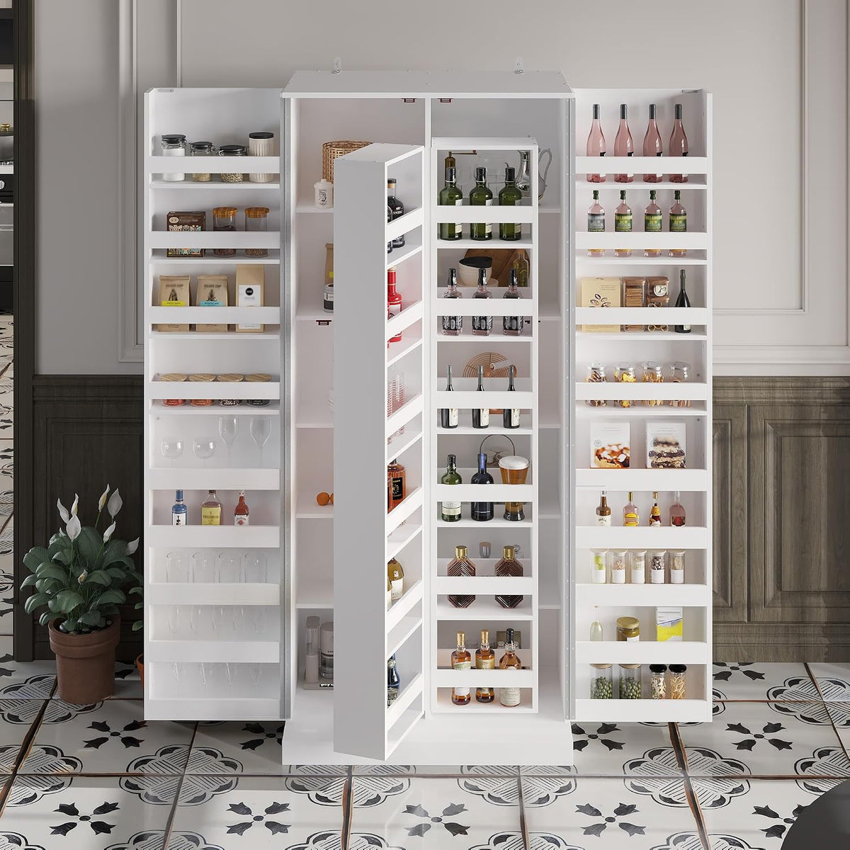 AIEGLE Kitchen Storage Cabinet with Doors & Rotatable Shelves, 72" Tall Food Pantry Cabinet with 9-Tier Shelves, Modern Multi-Layer Storage Cupboard for Dining Room, Craft Room, White