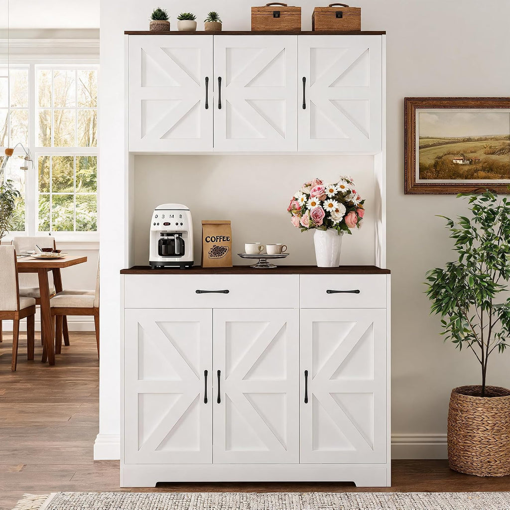 71" Kitchen Pantry Cabinet with Charging Station, Pantry Storage Cabinet Large Kitchen Hutch with Microwave Stand, Coffee Bar Station with Doors and Adjustable Shelves for Kitchen, White