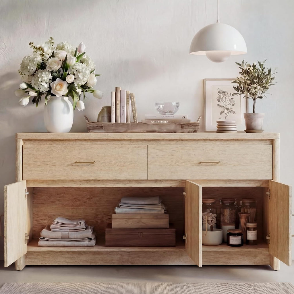 KISLOT 59" Sideboard Buffet Cabinet with Storage, Wood Kitchen Storage Cabinet with Adjustable Shelves & Drawers, Mid Century Modern Credenza for Kitchen, Living Room, Entryway (Natural Oak)