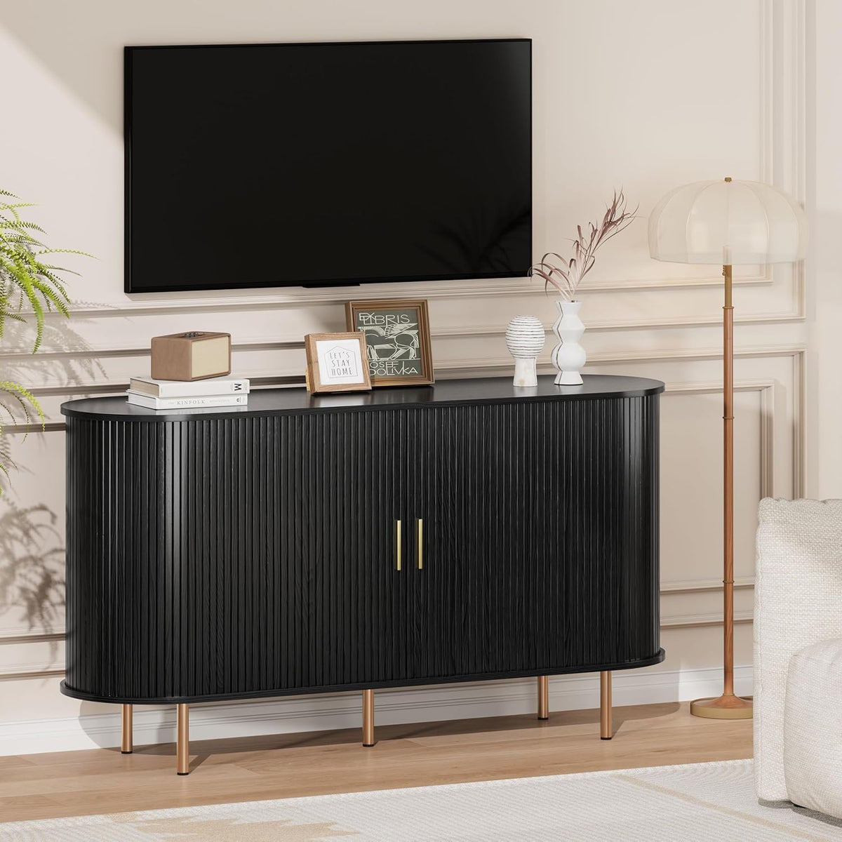 DHH Sideboard Buffet Cabinet with Storage,Mid Century Modern Fluted Accent Coffee Bar Console Table,Tambour Sliding Doors& Adjustable Shelf for Kitchen, Living Room, Entryway(Black, 55 Inch)