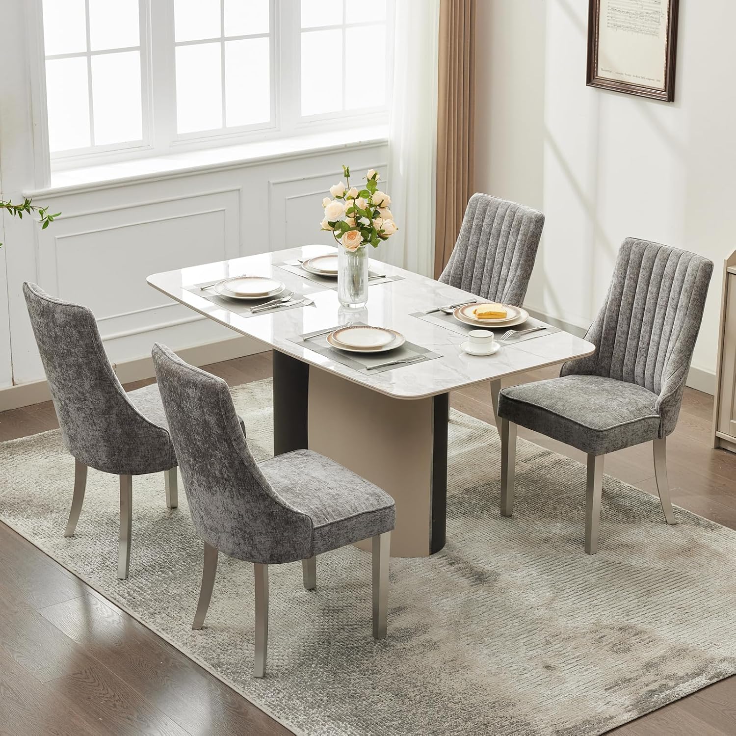 Shenyon Grey Dining Chairs Set of 6，Chenille Fabric Upholstered Dining Chairs with Silver Stainless Steel Legs, Modern Kitchen Chairs for Dining Room, Kitchen (Grey)
