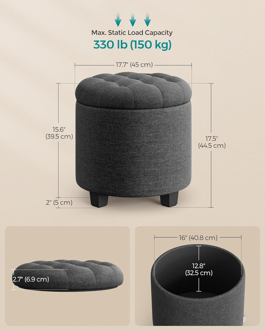 SONGMICS Round Ottoman with Storage, Vanity Stool, Linen-Look Fabric | Upholstered Foot Stool, 17.7 x 17.7 x 17.5 Inches, Removable Lid, Easy Assembly, Slate Gray, MACEO Collection ULOM011G01